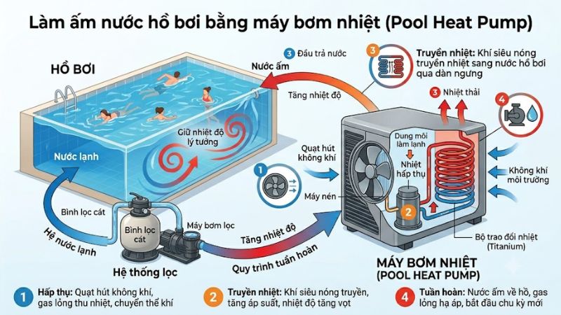 Gia nhiệt nước hồ bơi bằng máy bơm nhiệt Gia nhiệt nước hồ bơi bằng máy bơm nhiệt