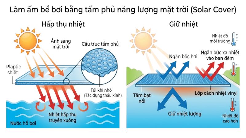 Làm ấm nước hồ bơi bằng tấm phủ năng lượng mặt trời Làm ấm nước hồ bơi bằng tấm phủ năng lượng mặt trời