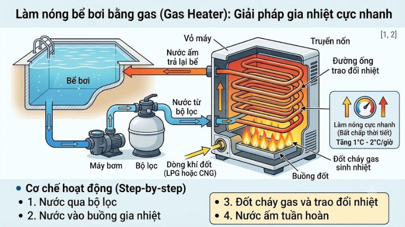 Làm nóng nước bể bơi bằng gas Làm nóng nước bể bơi bằng gas
