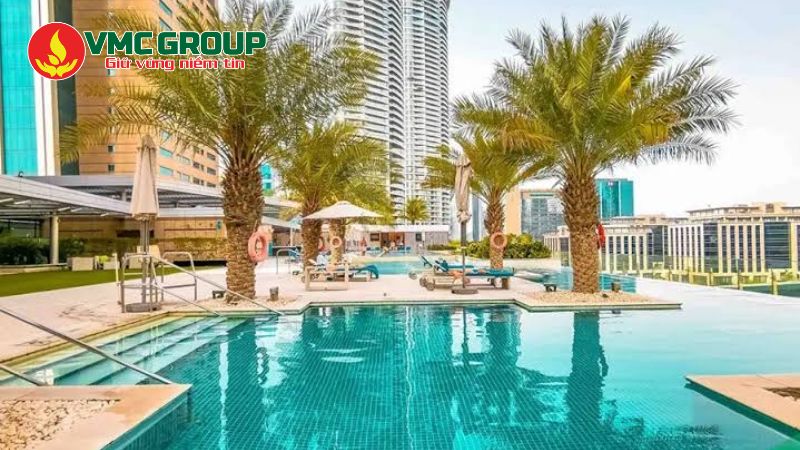 Cây chà là trồng xung quanh bể bơi Cây chà là trồng xung quanh bể bơi