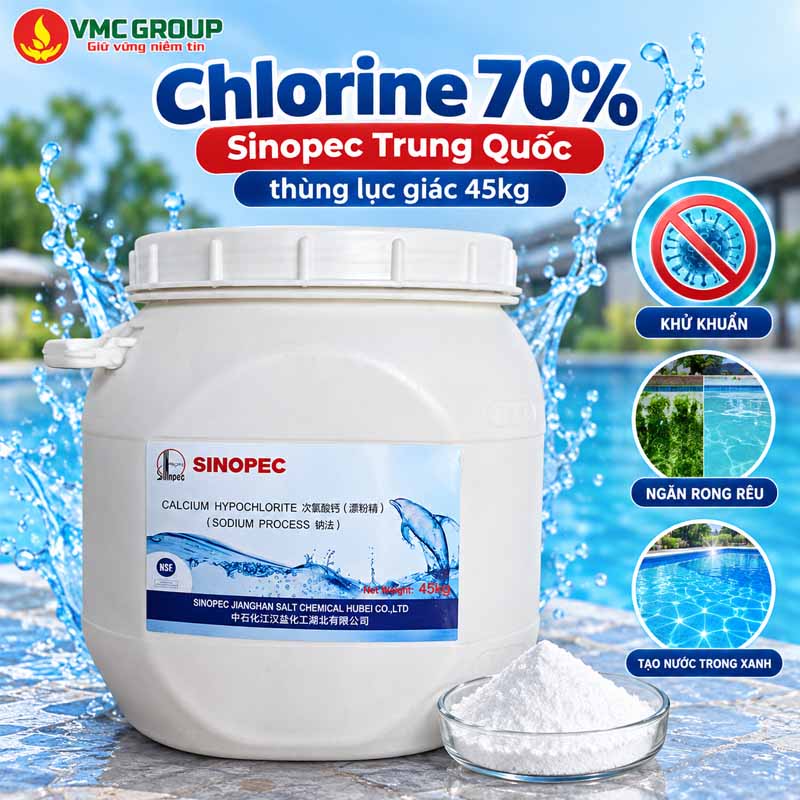 Chlorine 70% Sinopec Trung Quoc thung luc giac 45kg - Calcium Hypochlorite
