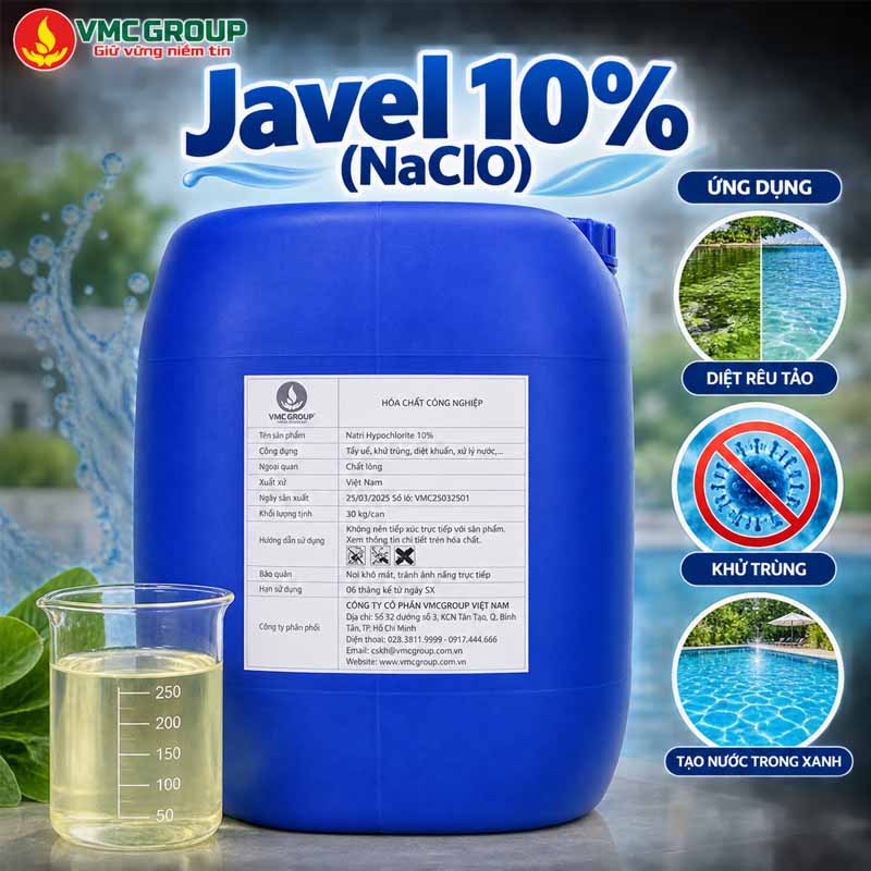 Javel 10% (NaClO) Viet Tri (can 30kg) - Sodium Hypochlorite 10%